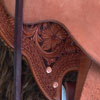 Cow Boss Gullet - 7 -1/2H by 6 - 1/4W by 4, Horn - 3 by 3 inch Round Horn, 94 degree Quarter Horse bars,7/8ths full in skirt riggin, 16 - 1/4 inch seat Cheyenne Roll - 1 - 3/4 inch and decorated with Valleys' Sheridan floral tooling pattern dallied by Valleys' Vaquero Lace border.